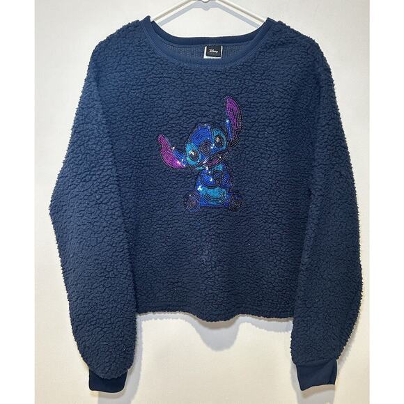 Disney Crewneck Lilo‎ & Stitch Sequin Nubby Fleece Faux Sherpa Navy Youth 12 - Picture 6 of 6